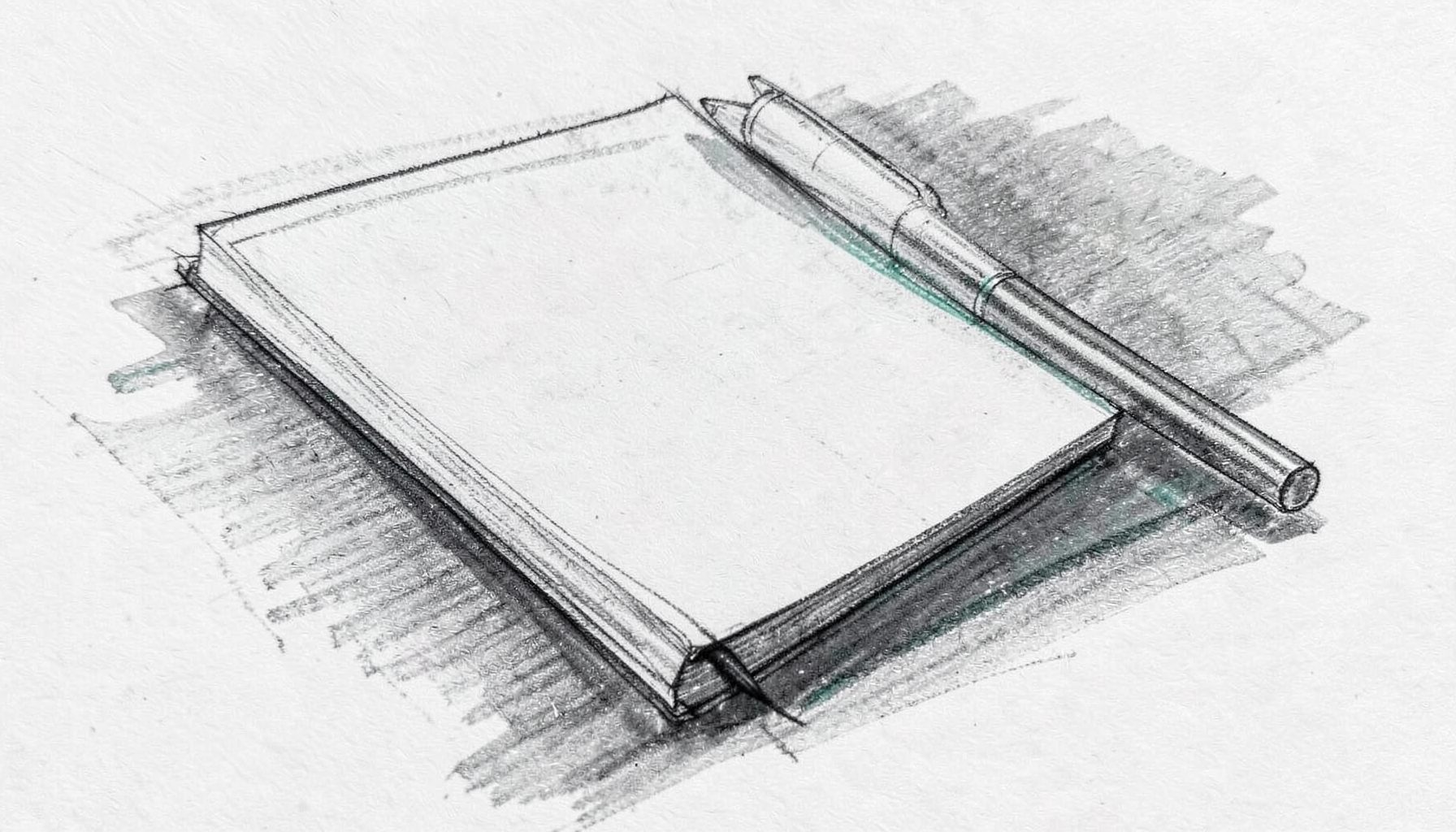 落ち着いたグレーと白を基調に、細い黒の線で描かれた机の上に置かれたノートとペンの素描。全体に柔らかな陰影がつけられ、静かで誠実な雰囲気を醸し出す。